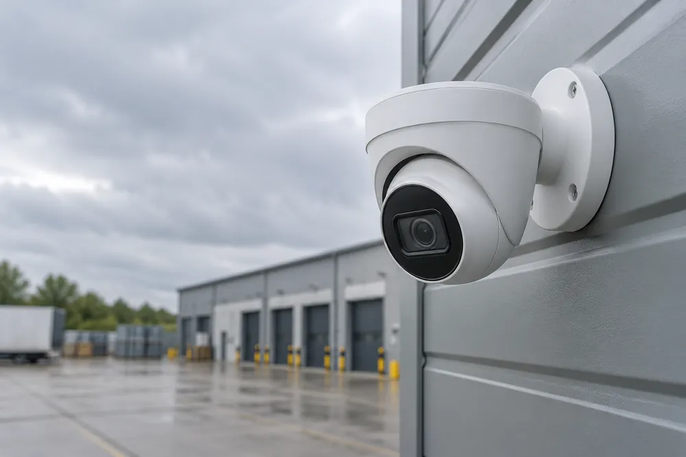 Turret surveillance camera mounted above a Newcastle warehouse entrance