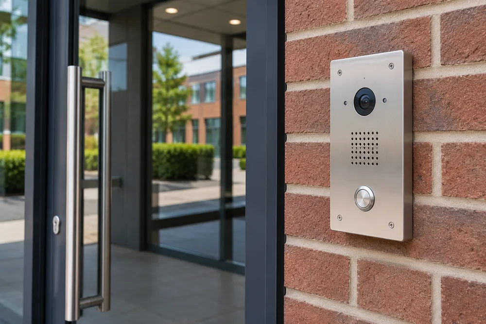 Visitor video intercom beside a brick entrance serving Newcastle businesses