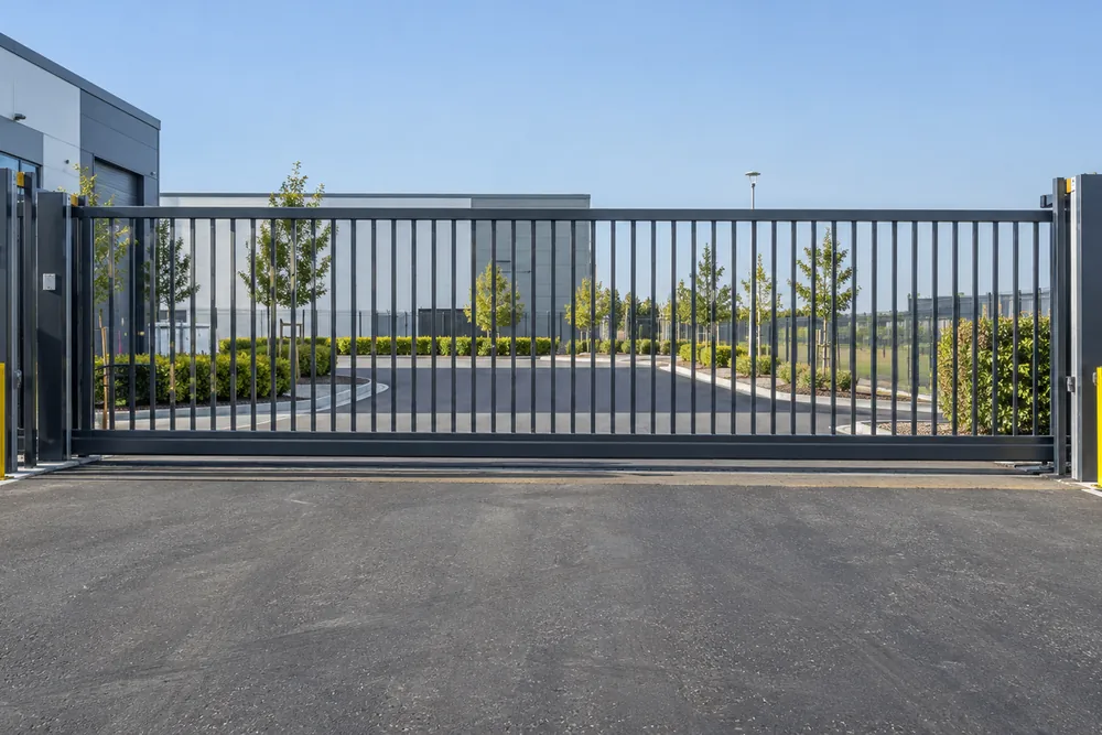 Sliding vehicle security gate across a Newcastle commercial yard entrance