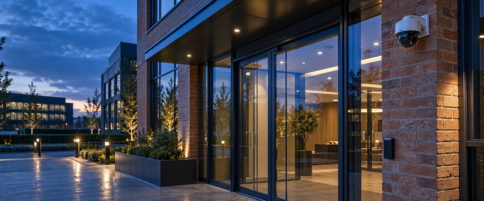 Controlled glass entrance and surveillance camera at Newcastle commercial premises